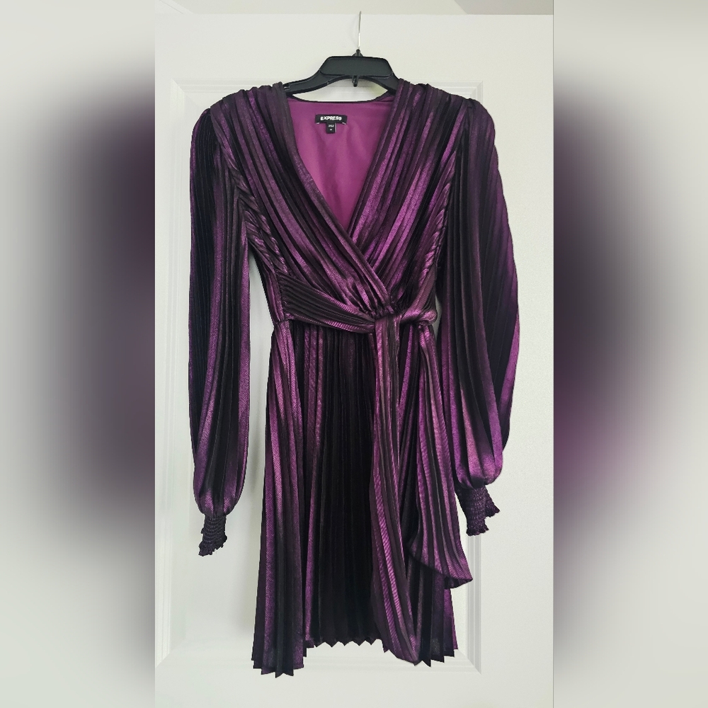 Express Metallic Plum Pleated Wrap Top